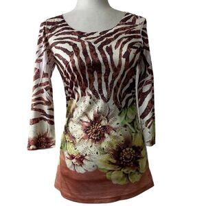 Cache White Brown Animal Stripe Floral Beaded Ruched Y2K Jersey SZ S